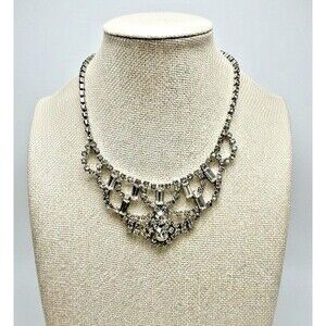 Vintage Rhinestone Bib Necklace Silver Tone Clear Baguette & Round Stones